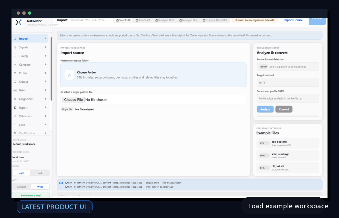 Animated TestXector product preview showing import, compare and timing workflow